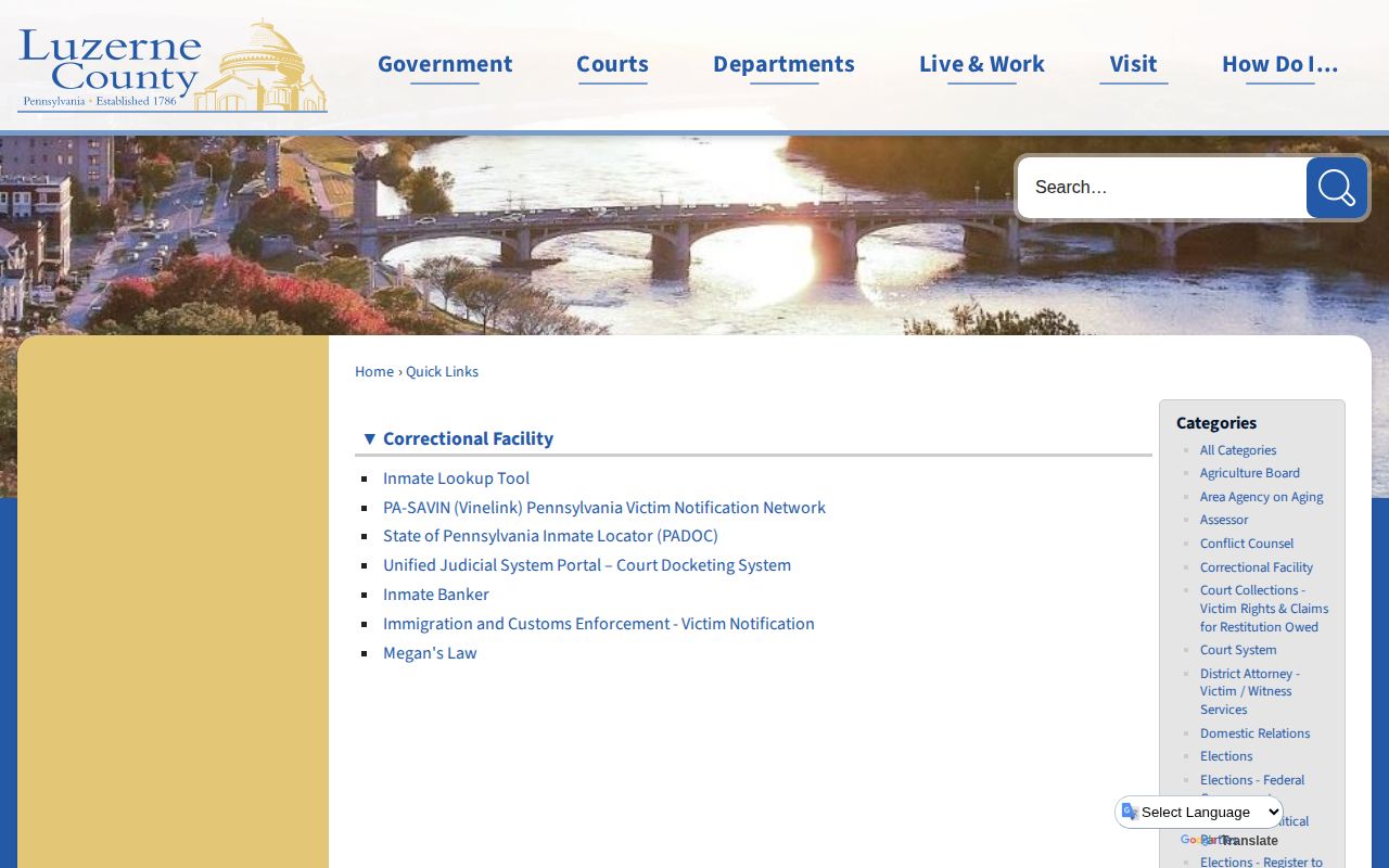 Luzerne County released inmate links routing to Pennsylvania records